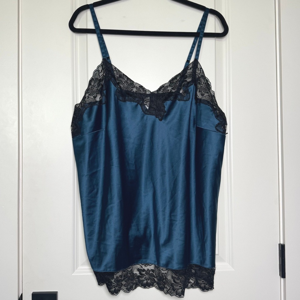 Cacique Teal Blue Satin Lace Trim Camisole Top Plus Size 18/20 BC11090231